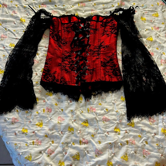 Red Satin Black Lace Corset - Picture 1 of 5